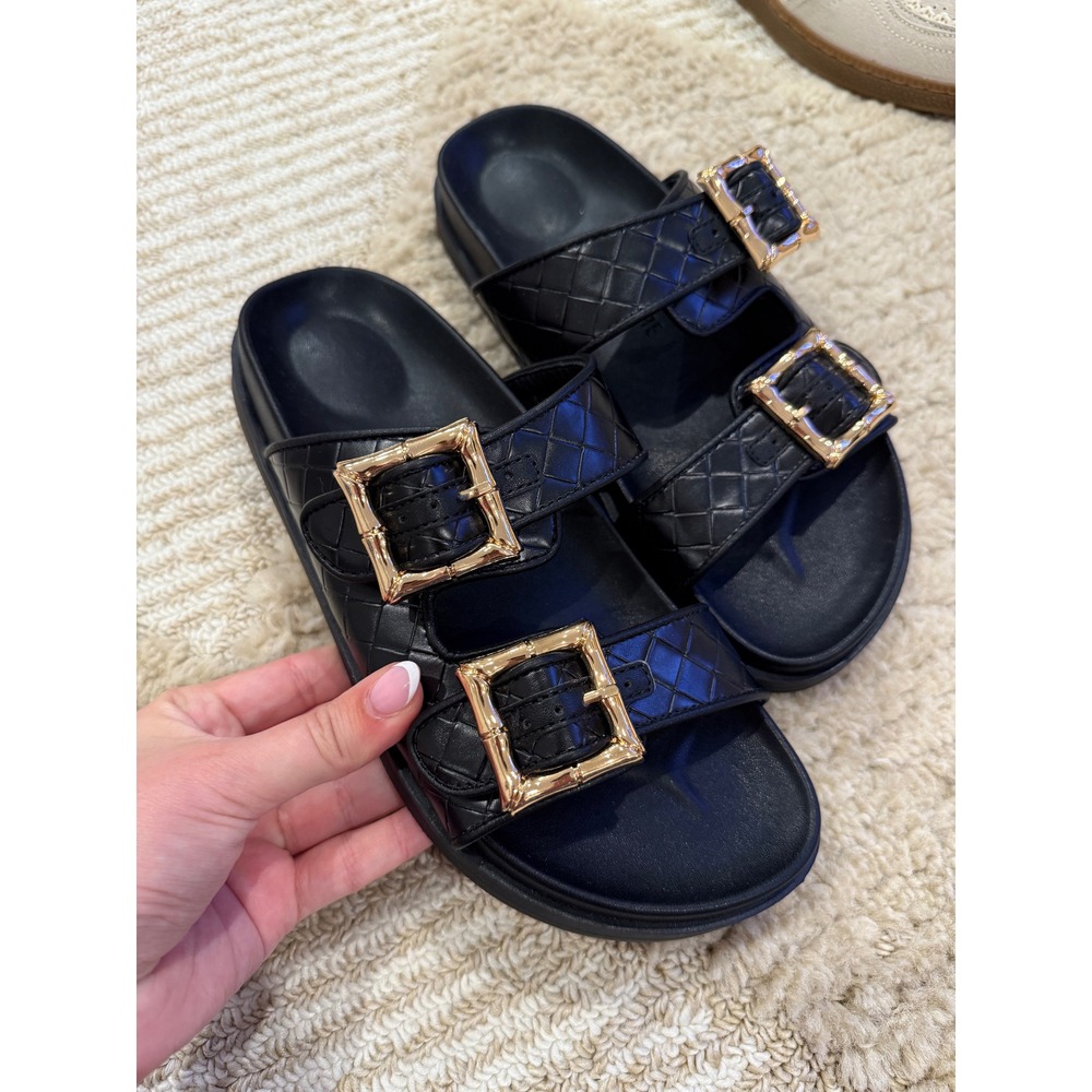 Cushionaire Womens Black Quilted Double Strap Buckle Slide‎ Sandals Size 8M